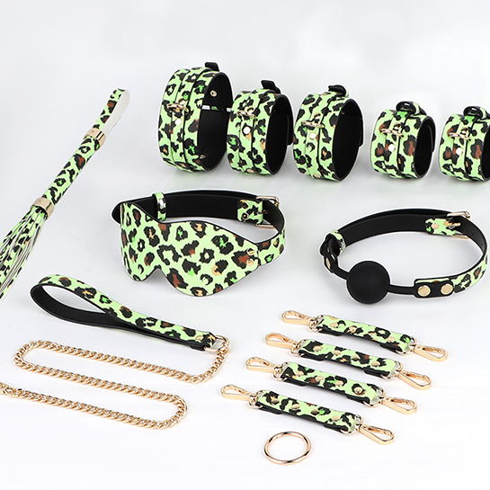 SM Leopard Print Glow-in-the-Dark 8-Piece Set: Bondage Restraint, Handcuffs, Whip, Adult Toy