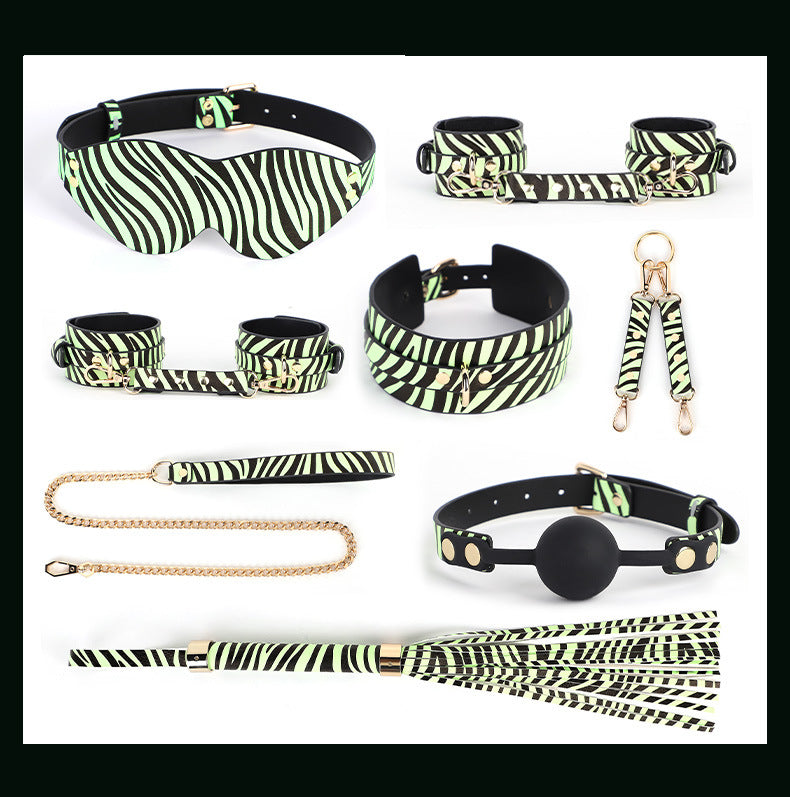 SM Zebra Print Glow-in-the-Dark 8-Piece Set: Bondage Restraint, Handcuffs, Whip, Adult Toy